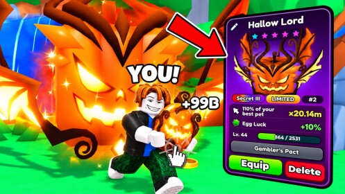 Promotional artwork from the Roblox listing, showing a player and an orange pet